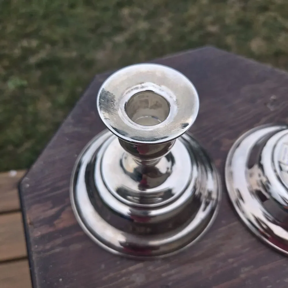 VTG Silver Plated Candlestick Holders Pair Round Base 4.5 Inch Taper